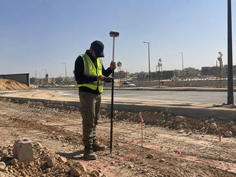 مسّاح يستخدم جهاز GNSS لأعمال الرفع الميداني