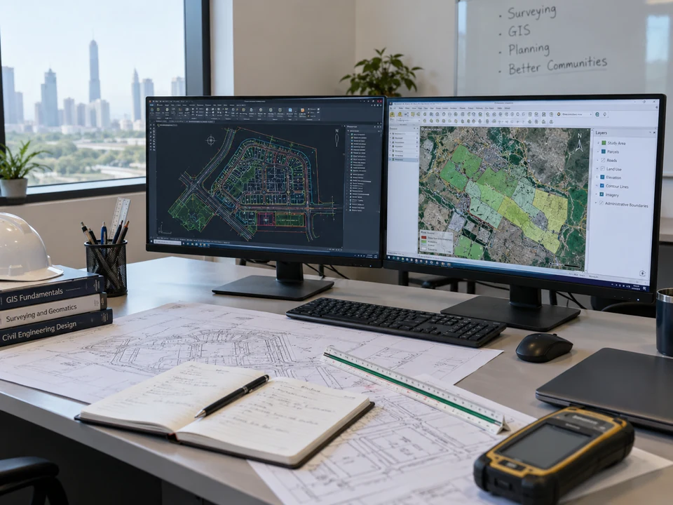 شاشات خرائط GIS ورسومات هندسية في المكتب الفني